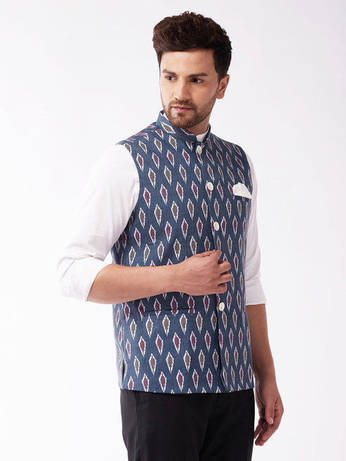 Vastramay Men's Multicolor -Base-Grey Cotton Blend Nehru Jacket